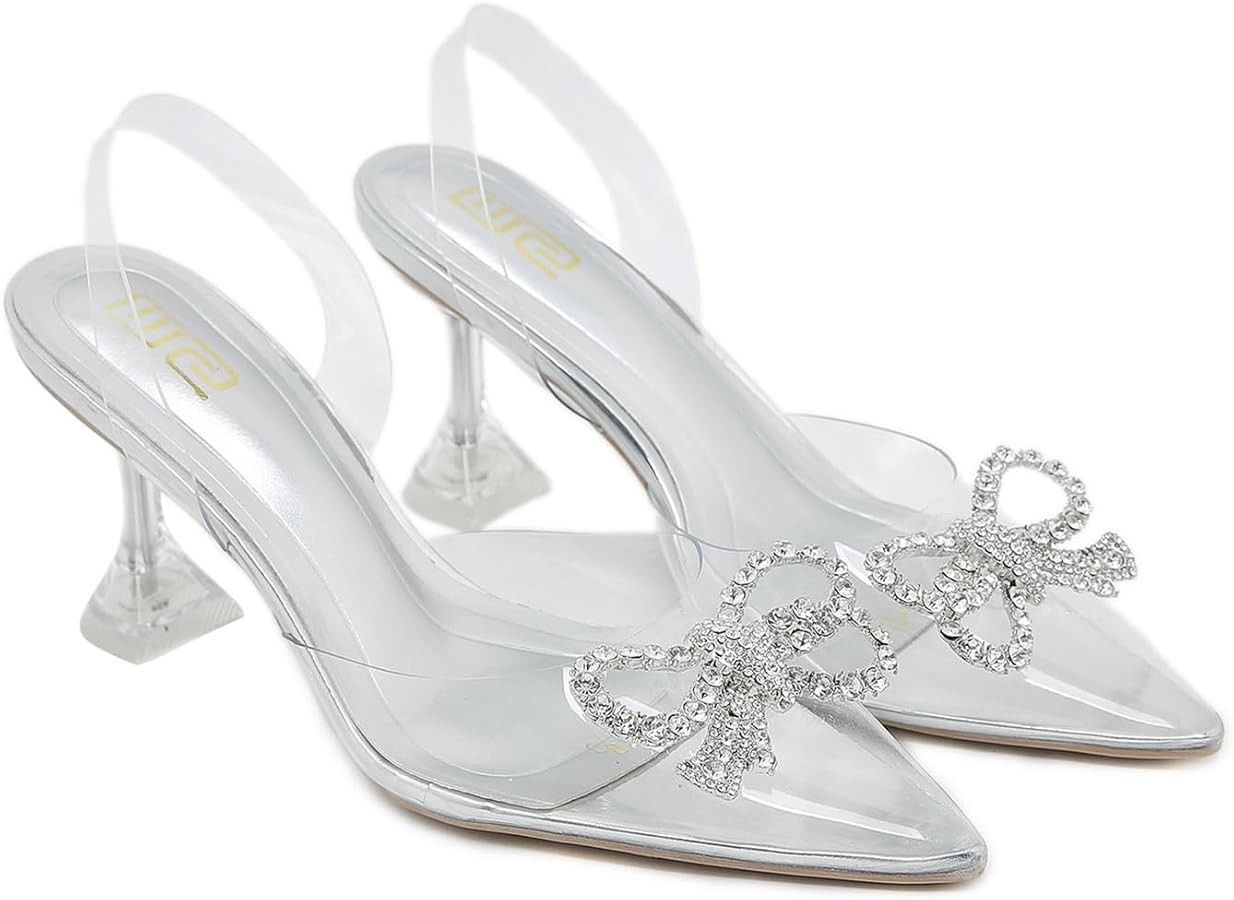 Women's Rhinestones Bow Clear Heels Slingback Pumps Fashion Comfort Closed Pointed Toe Kitten Hee... | Amazon (US)