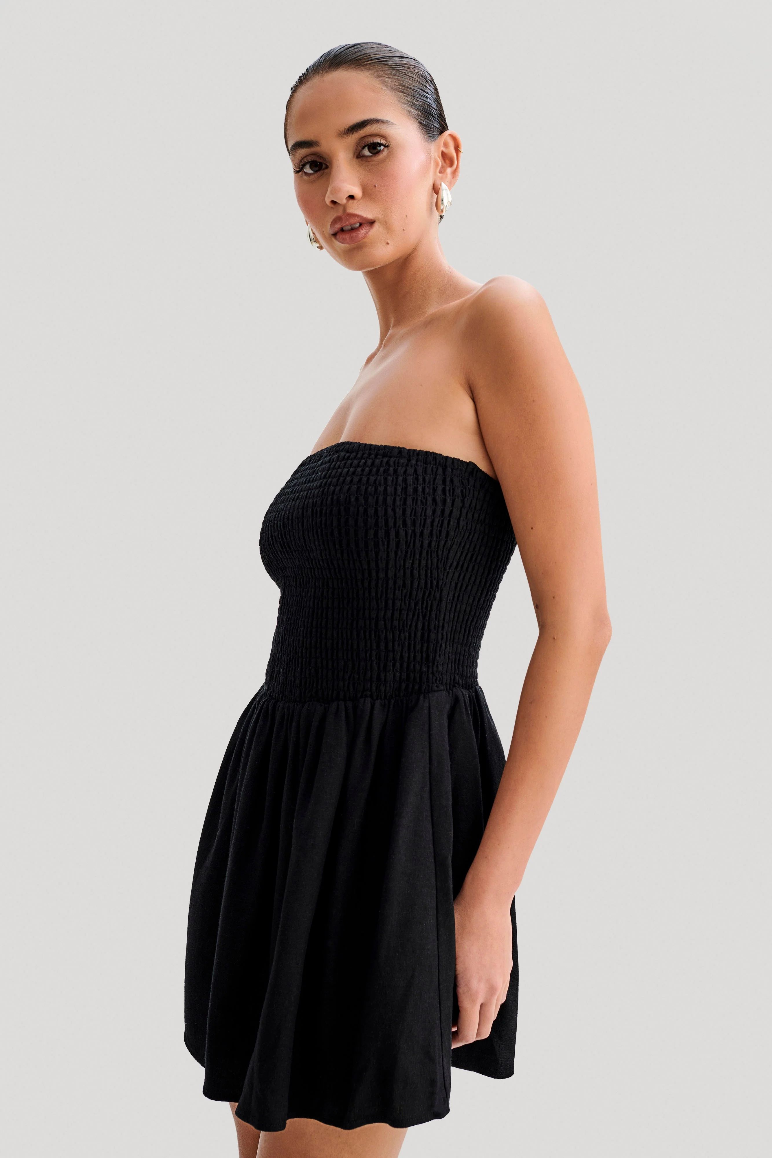 Holland Linen Shirring Mini Dress - Black | MESHKI US