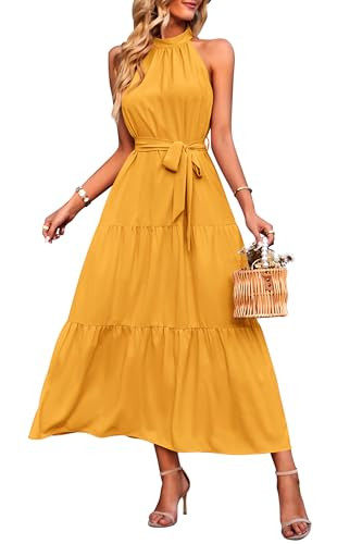 PRETTYGARDEN Women's Summer Floral Maxi Sun Dress Sleeveless Halter Neck Flowy Ruffle Hem Long Bo... | Amazon (US)