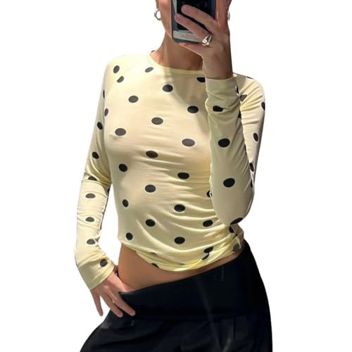 Women Y2k Long Sleeve Polka Dot Top Vintage Dot Print Slim Fit Going Out Crop Tops Cute Aesthetic Crew Neck Shirt Blouse (Cute Yellow, S) | Amazon (US)