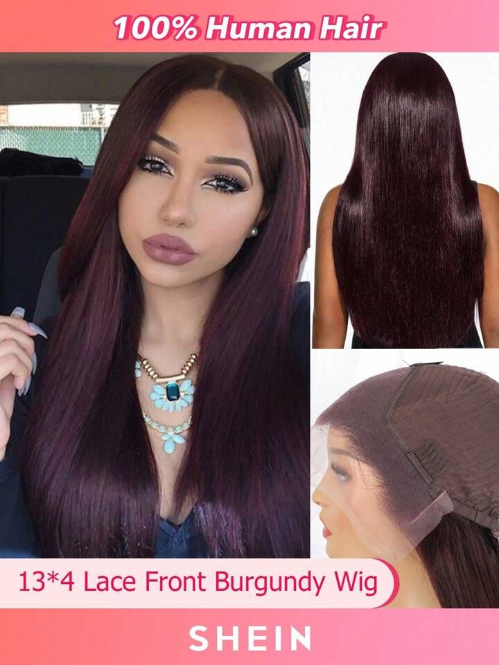 Transparent Lace Front straight 13*4 Lace front Wigs burgundy long straight human hair wigs With ... | SHEIN