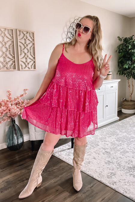 Eras Tour Outfit / Taylor Swift Concert Inspo ✨ Pink sparkly sequin dress, runs generously sized (wearing large, normally large or xl). Pair with cowboy boots / western boots for a super cute OG Fearless Taylor Swift style outfit. Don’t forget your sparkly gem stone sunglasses and clear stadium bag!

#LTKcurves #LTKunder100 #LTKunder50