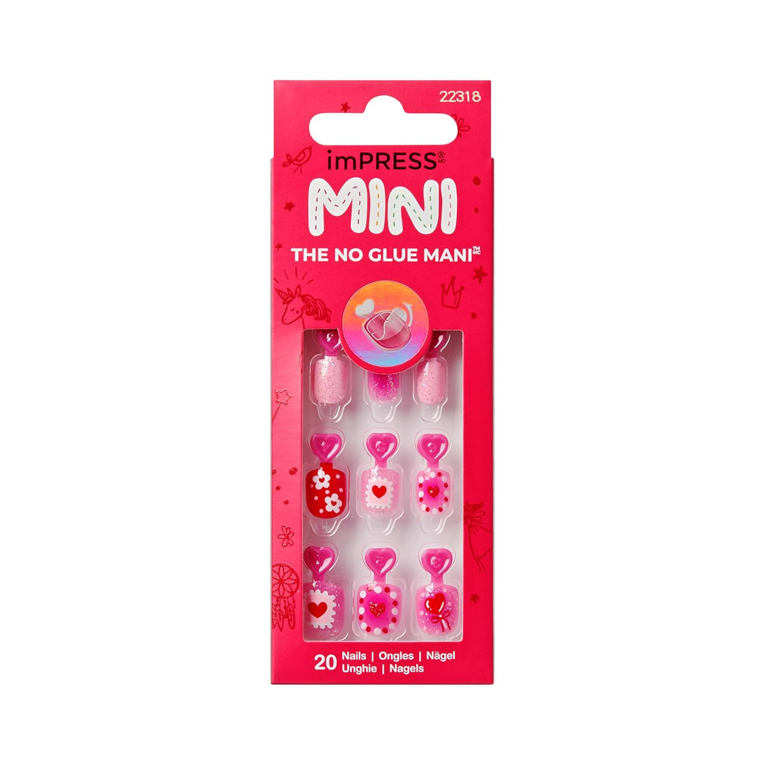 KISS imPRESS No Glue Mani Press On Nails, Mini, 'Candy Heart', Pink, Kids Size, Squoval Shape, In... | Amazon (US)