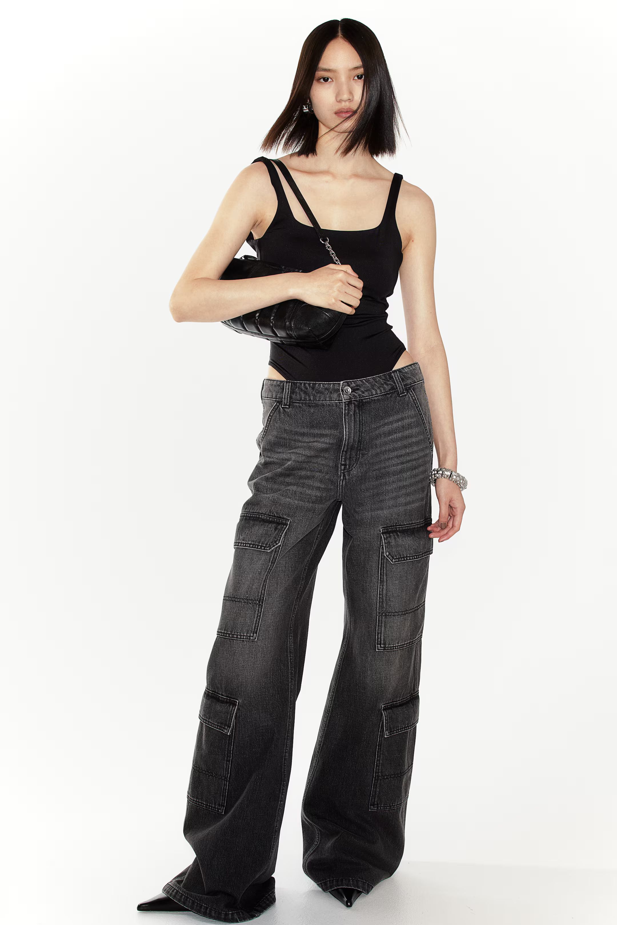 Denim Cargo Pants - Regular waist - Long - Black - Ladies | H&M US | H&M (US + CA)