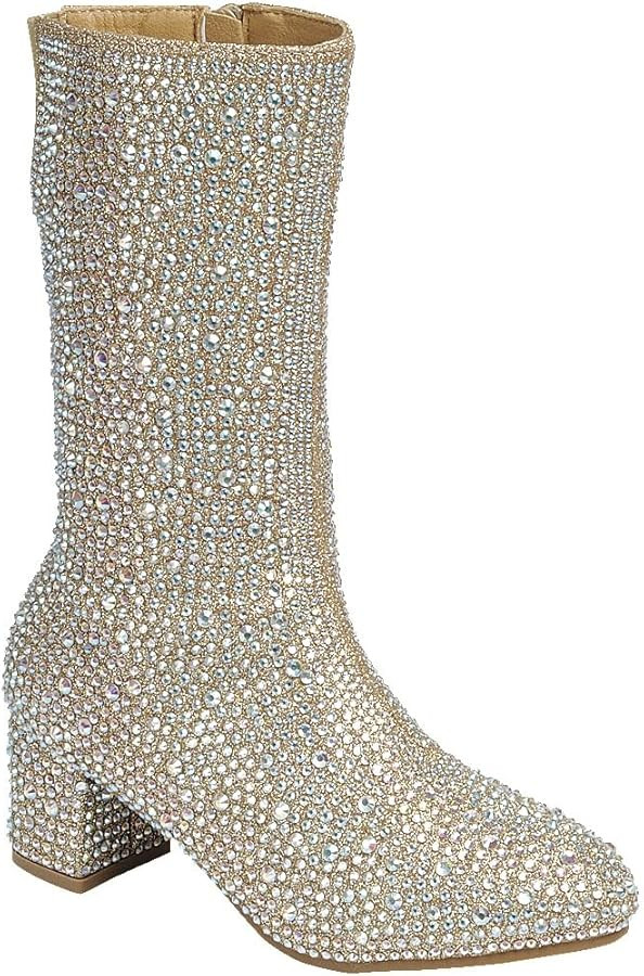 ABSOLEX Girl's Rhinestone Round Toe Knee High Chunky Low Heel Boot | Amazon (US)