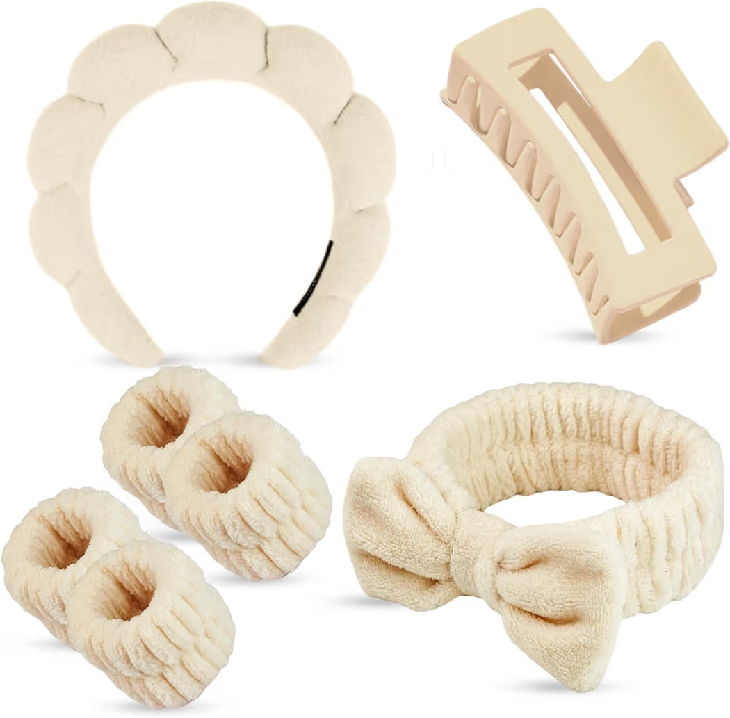 7 Pcs Spa Set, Facial Headband and Wristband Set, Khaki | Amazon (US)