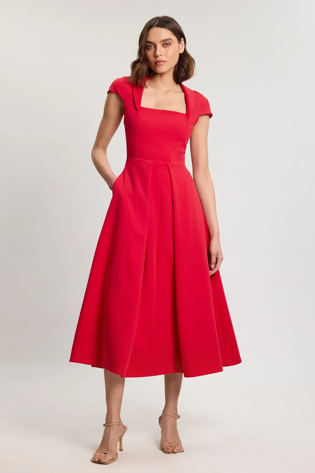 Red Square Neck Tailored Full Skirted Maxi Dress | Karen Millen | Karen Millen