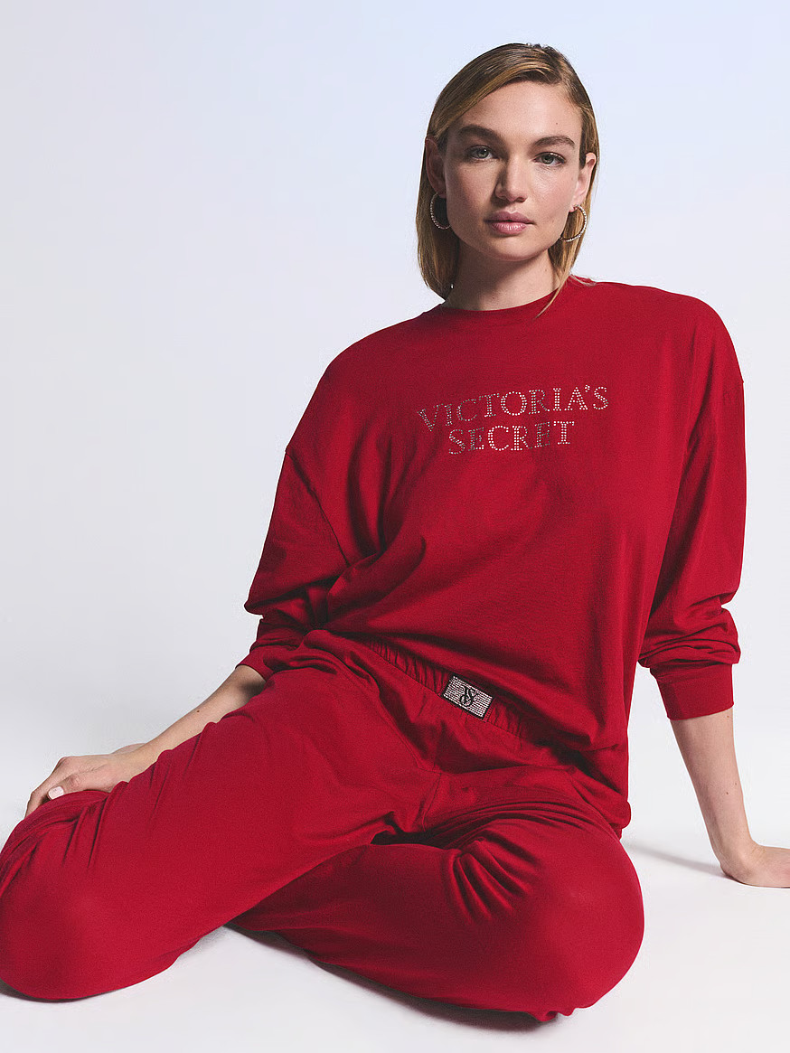 Buy 100% Cotton Shine Long Pajama Set, Red Lacquer W Bling Patch - Order Pajamas Sets online - Vi... | Victoria's Secret (US / CA )