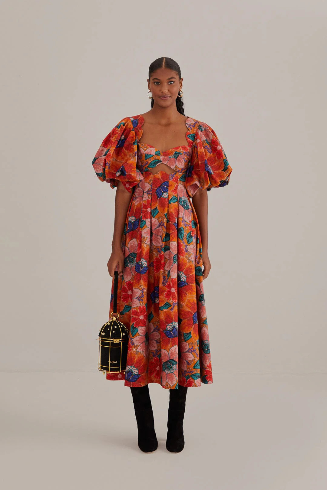 Orange Marias Floral Cut-Out Midi Dress | FarmRio (US)