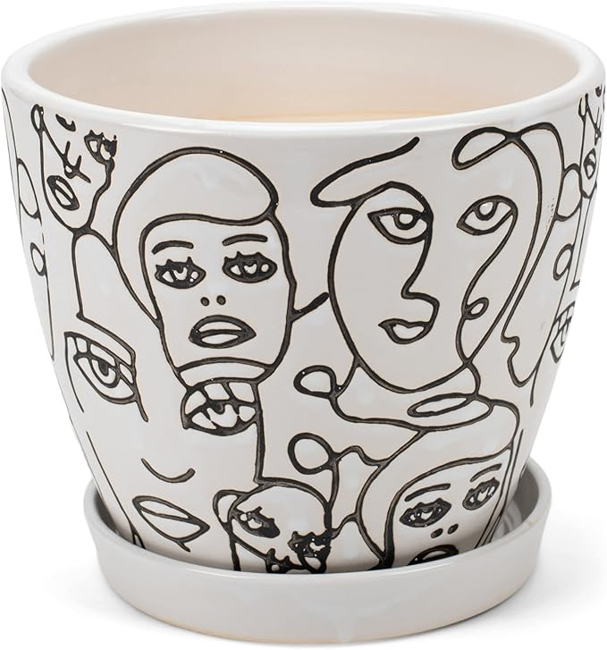 Napco White Black Sketched Faces 6 x 6 Ceramic Table Top Planter Pot with Saucer | Amazon (US)