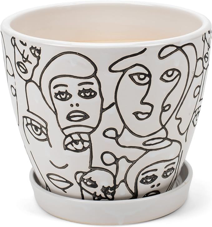 Napco White Black Sketched Faces 6 x 6 Ceramic Table Top Planter Pot with Saucer | Amazon (US)