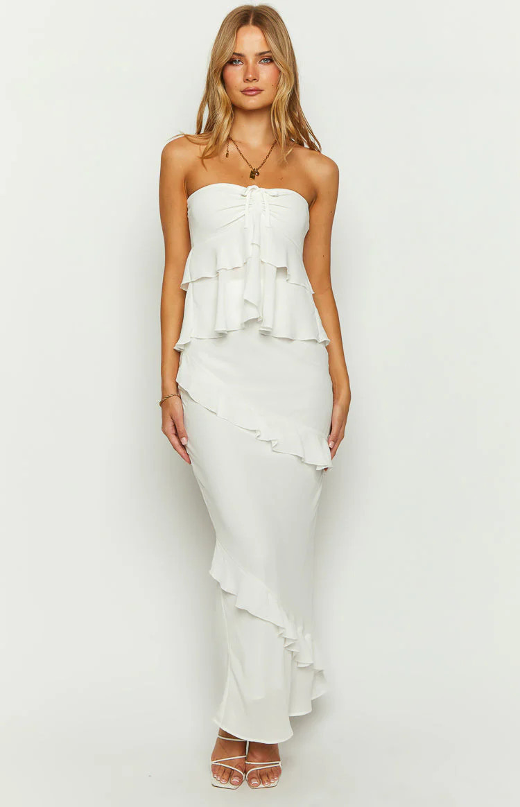Raleigh White Ruffle Maxi Skirt | Beginning Boutique (US)