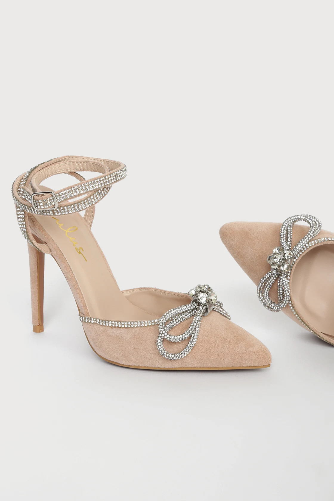 Lullie Light Nude Suede Rhinestone Ankle Strap Pointed-Toe Pumps | Lulus (US)