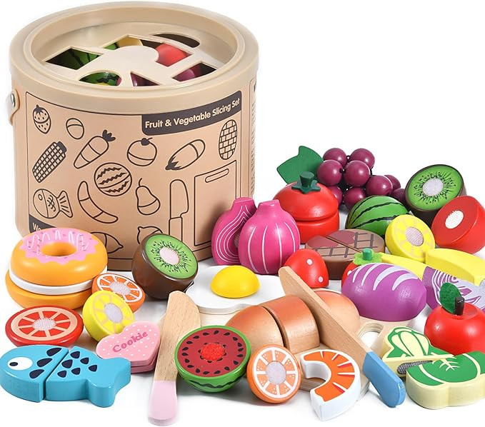 WHOHOLL 43 Pcs Wooden Play Food for Kids Play Kitchen Accessories Playset with Basket, Pretend Cu... | Amazon (US)
