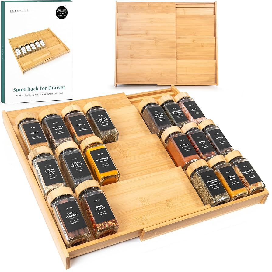 Bamboo Spice Drawer Organizer - Expandable 4 Tier Spice Rack (Need 3" Deep Drawer) 12" to 24" Wid... | Amazon (US)