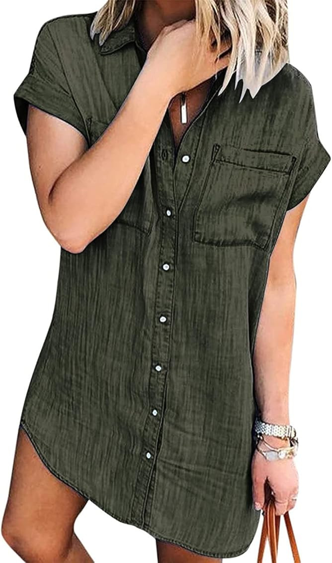 Zilcremo Women Denim Shirt Dresses Short Sleeve Distressed Jean Dress Button Down Casual Tunic Top | Amazon (US)