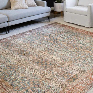 Alexander Home Isabelle Traditional Vintage Border Printed Area Rug - 2'6" x 12' - Ocean/Rust | Bed Bath & Beyond