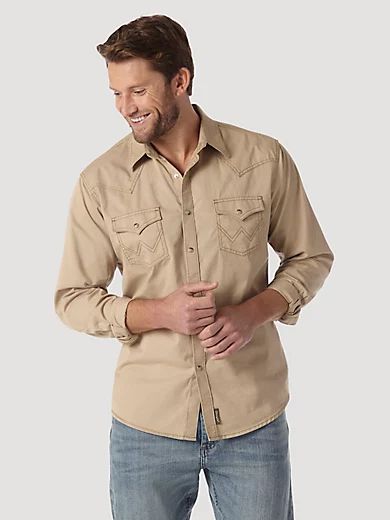 Men's Wrangler® Contrast Trim Western Two Snap Flap Pocket Shirt in Tan | Wrangler