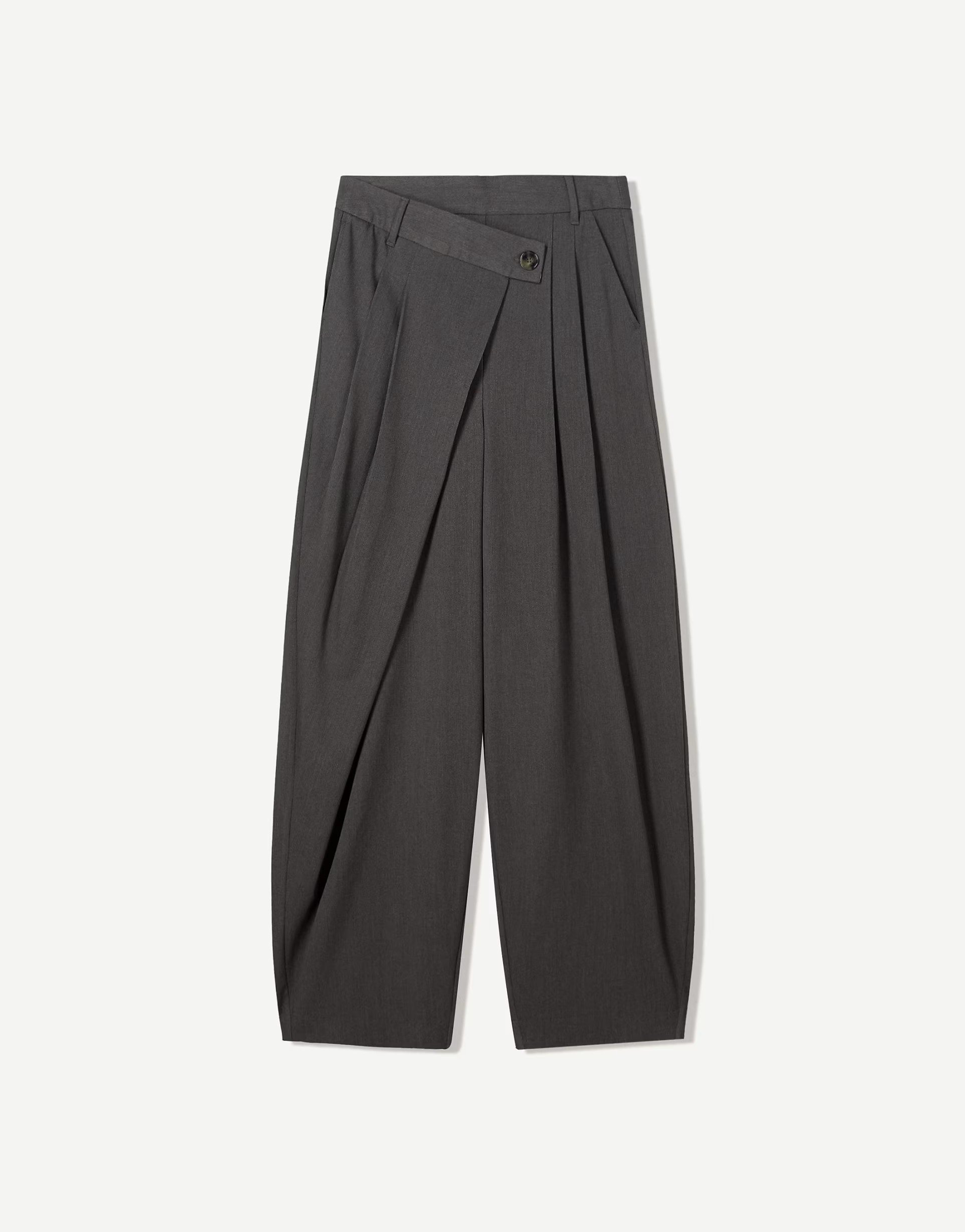 Bershka tailored fit trousers with crossover waist in grey | ASOS (Global)