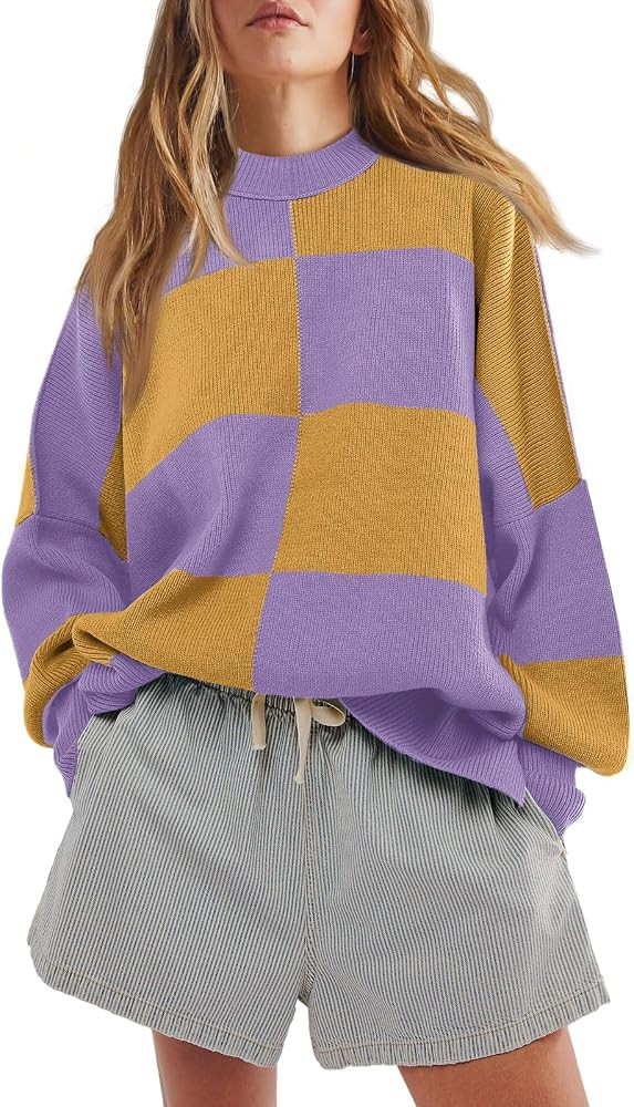 LAMISSCHE Womens Oversized Sweater Checkered Side Slit Pullover Sweaters Striped Long Sleeves Kni... | Amazon (US)