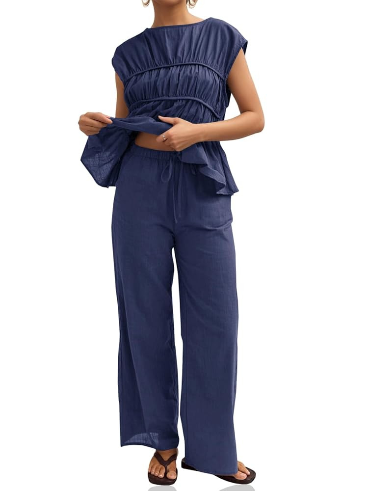 Tankaneo Womens 2 Piece Outfits Pleated Cap Sleeve Babydoll Blouse Wide Leg Pants Cotton Travel V... | Amazon (US)