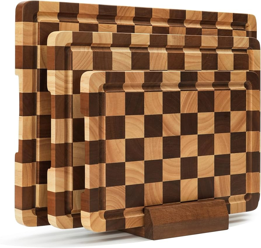 Checkered Cutting Board Set, 3-Piece Wood Checkerboard Cutting Boards for Kitchen with Stand, Cho... | Amazon (US)
