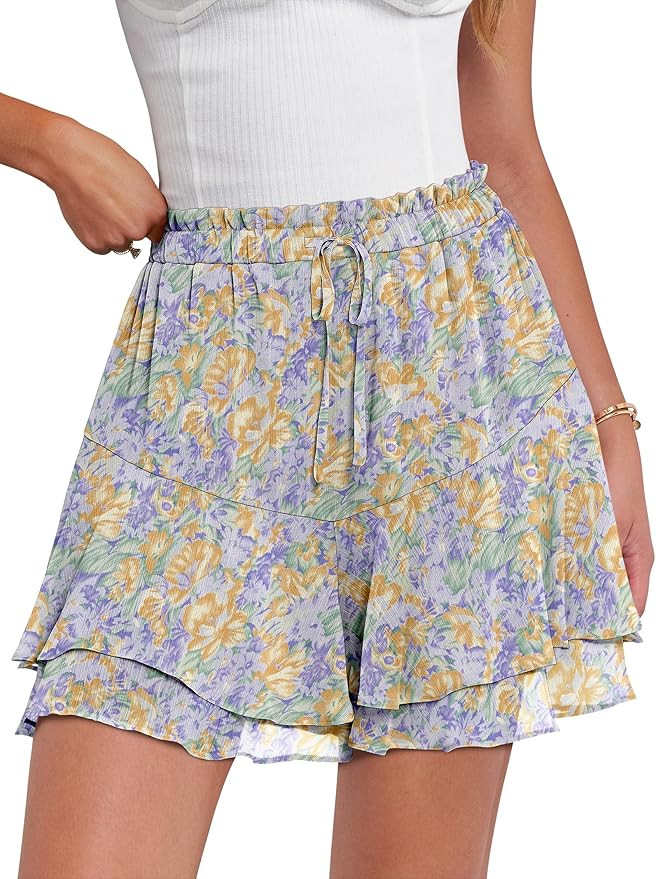 Caracilia Skorts for Women Boho Casual Beach Mini Skirts Summer Floral Ruffle Chiffon Flowy Short... | Amazon (US)