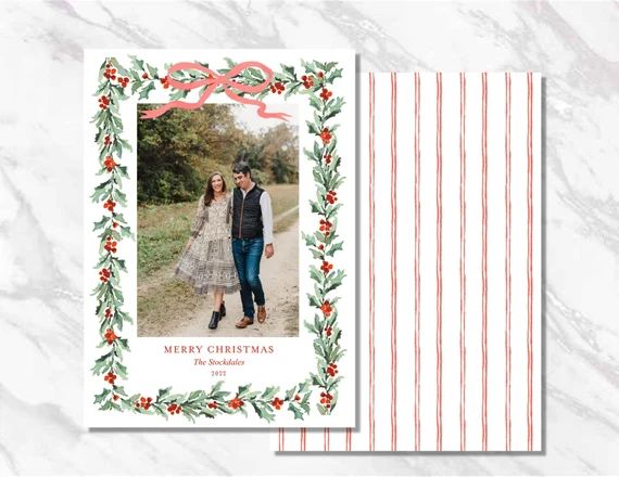 Personalized Red Greenery Classic Christmas Card Traditional - Etsy | Etsy (US)
