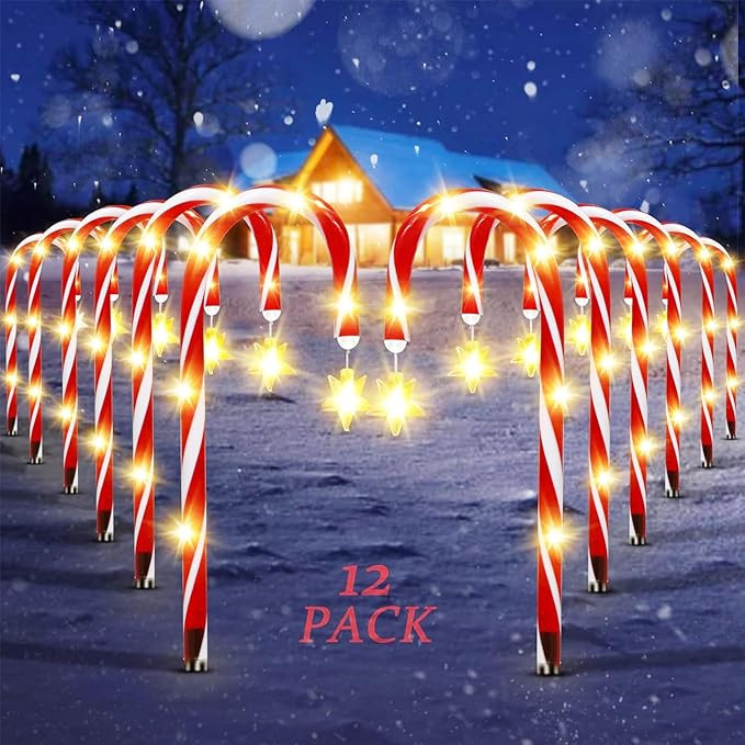 12 Pack Outdoor Christmas Decorations Solar Candy Cane Lights Solar Christmas Pathway Lights Outd... | Amazon (US)