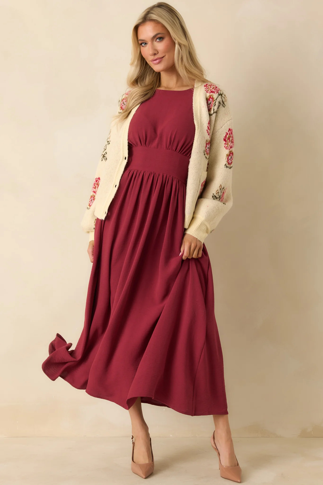 Faded Photographs Burgundy Chiffon Cap Sleeve Maxi Dress | Red Dress