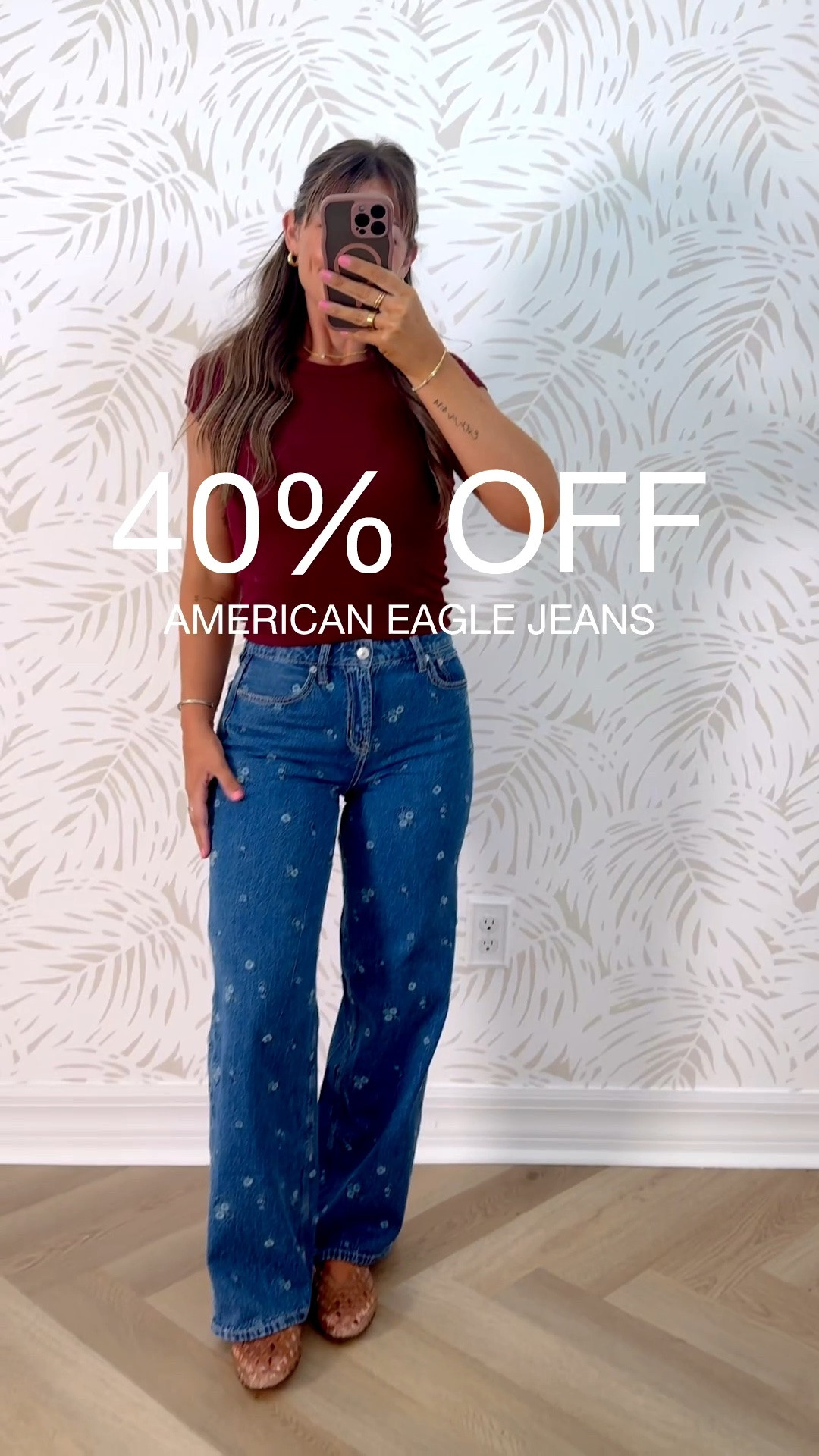 Our most-loved denim from @americaneagle is now 40% off (today & tomorrow only!) 👖🎉 for sizing help reference: I’m usually a size 2 but always order down a size to a 0/25 in AE jeans. I’m 5’4, wearing a 0 regular in every pair. The dark wash floral pair are tighter than I’d like, so I’m going to take in for a size 2 instead— I suggest going up one size in that pair! These are all absolutely perfect for fall transition looks 😍 
#AEJeans #AEPartner 
Fall outfits
Early fall
Fall transition 
Teacher outfit
Western wear
Outfit ideas 
Casual outfits