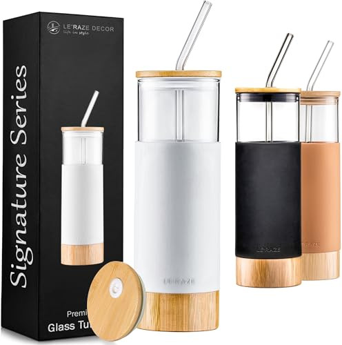 Premium 20oz Glass Tumbler Cup with Straw and Bamboo Lid & Base with Protective Silicone Sleeve - BPA Free - Growler Water Bottle Reusable Drinking Glasses Cup for Iced Tea, Coffee, Smoothie - White | Amazon (US)