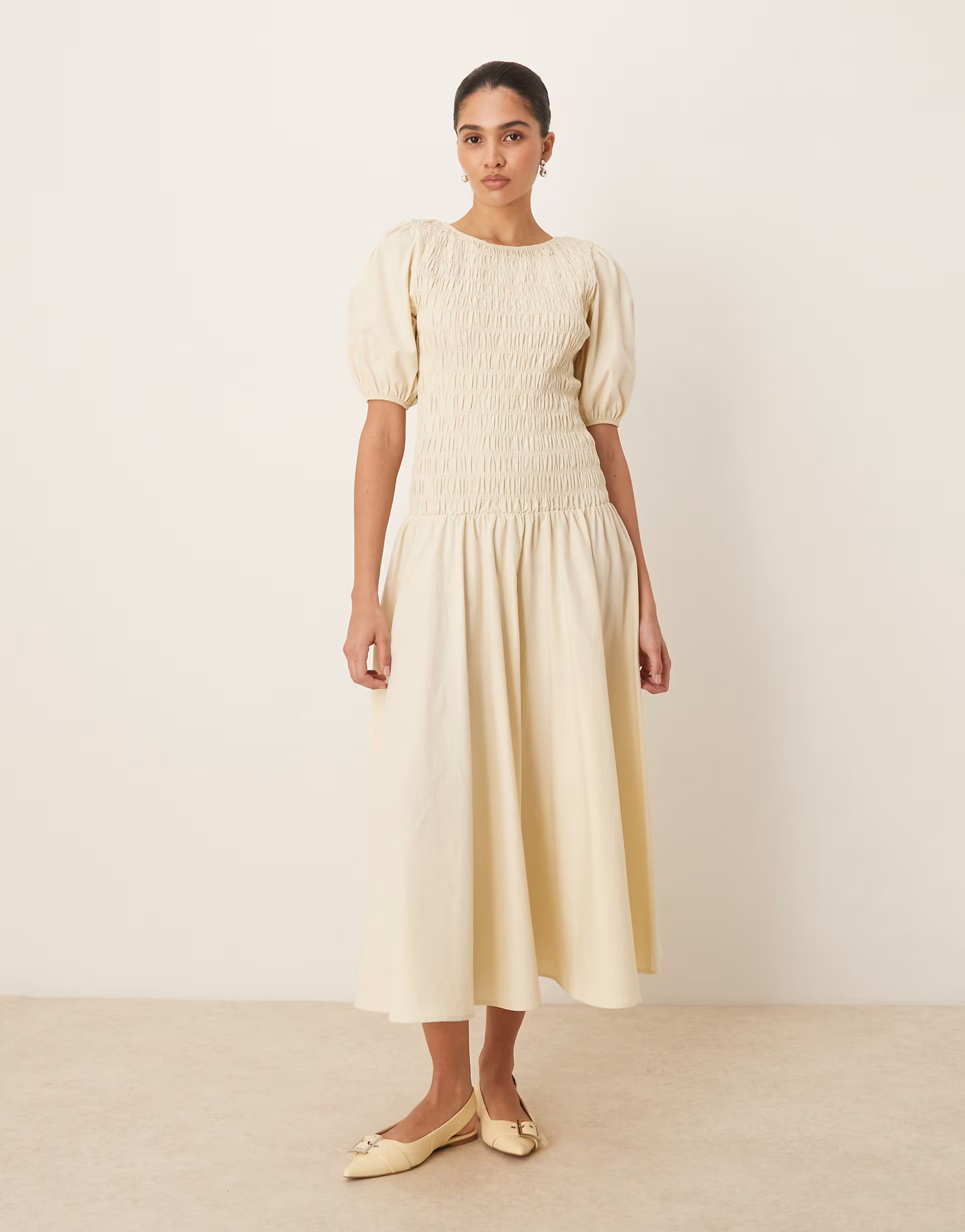 › ASOS DESIGN shirred drop waist maxi dress in ecru | ASOS (Global)