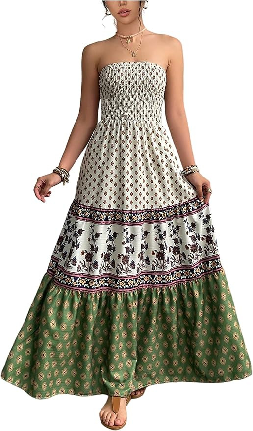 Milumia Women's Boho Floral Print Strapless Maxi Dress Smocked A Line Long Flowy Dresses | Amazon (US)