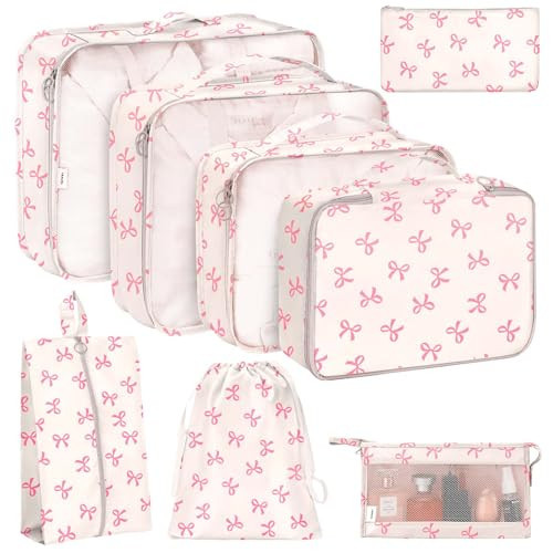 KPX 8 Set Packing Cubes for Travel, Luggage Packing Organizers Accessories Large Toiletries Bag for Clothes Shoes Cosmetics (8Set-Pink Bow) | Amazon (US)