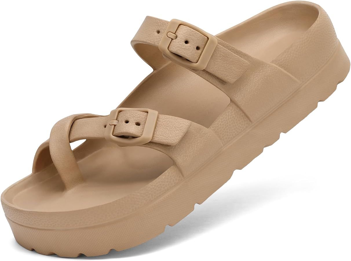 Womens Platform Sandals Adjustable Buckle Summer Arch Support Cushion Slides Woman Lightweight Thick Soles Flat Shoes | Amazon (US)
