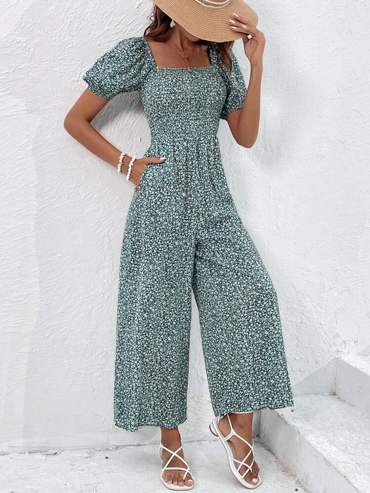 Clasi Ditsy Floral Print Puff Sleeve Wide Leg Jumpsuit | SHEIN
