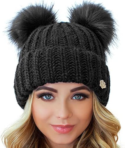 Beanie for Women - 2 Pom Cable Knit Winter Warm Fleece Hat - Wool Snow Cuff Ski Cap | Amazon (US)