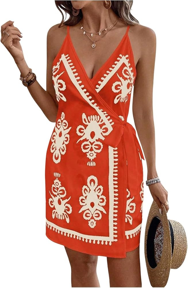 RoseSeek Women's Tropical Print Cami Dress Sleeveless Wrap V Neck Tie Knot Boho Short Dresses | Amazon (US)