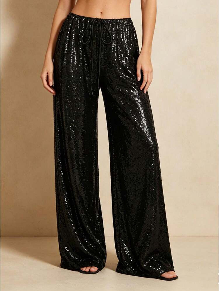 Women's Sparkle Sequin Pants Lightweight Elastic Waist Wide Leg Loose Pants Trousers | SHEIN