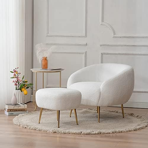 Kiztir Sherpa Accent Chair, White Accent Chair with Ottoman/Gold Legs, Modern Accent Chair for Li... | Amazon (US)