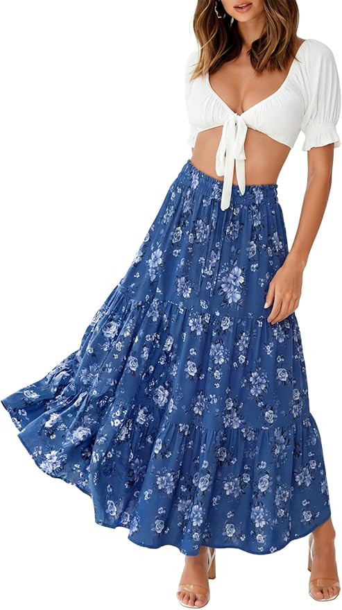 ZESICA Women's 2026 Summer Bohemian Floral Printed Elastic Waist A Line Maxi Skirt with Pockets | Amazon (US)