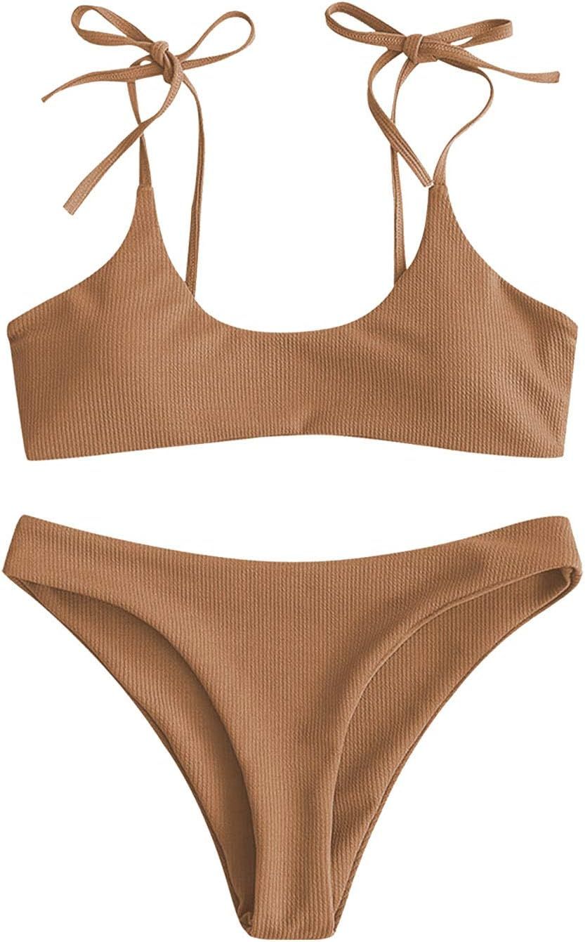Women Ribbed Bikini Set Tie Shoulder Padded Two Piece Swimsuit Cute High Waisted Summer Bathing S... | Amazon (US)