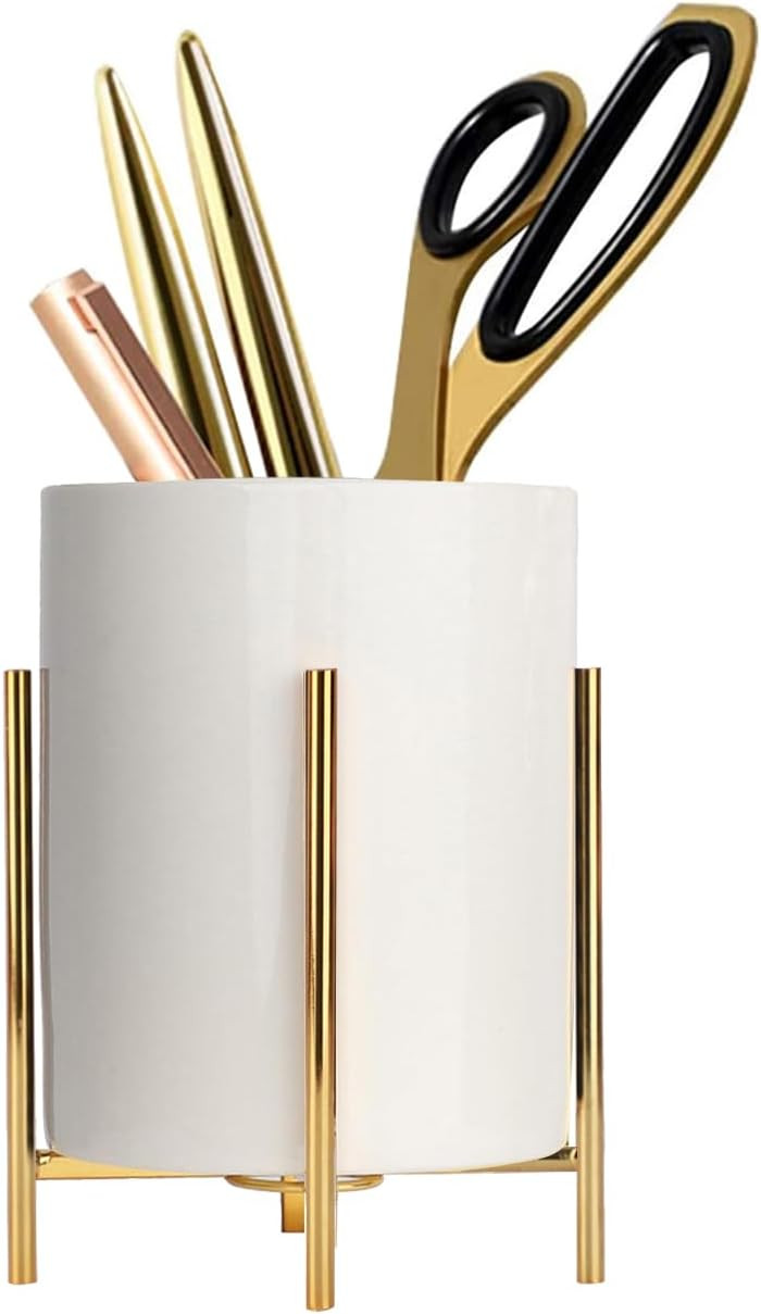 Office Pencil Holder Desktop Pen folder White ceramic With Metal Frame(1Pack 4.6 3.14in),Gold | Amazon (CA)