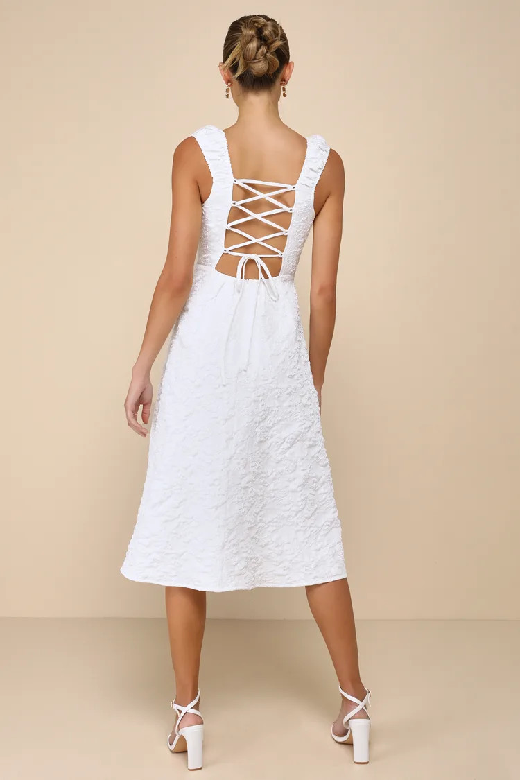 Springtime Aura White Jacquard Lace-Up Midi Dress with Pockets | Lulus