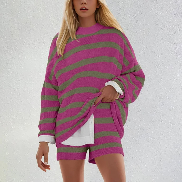 felwors Womens Striped Sweater Set Oversized Lounge Sets Matching Pajamas Long Sleeve Sweater Top... | Walmart (US)