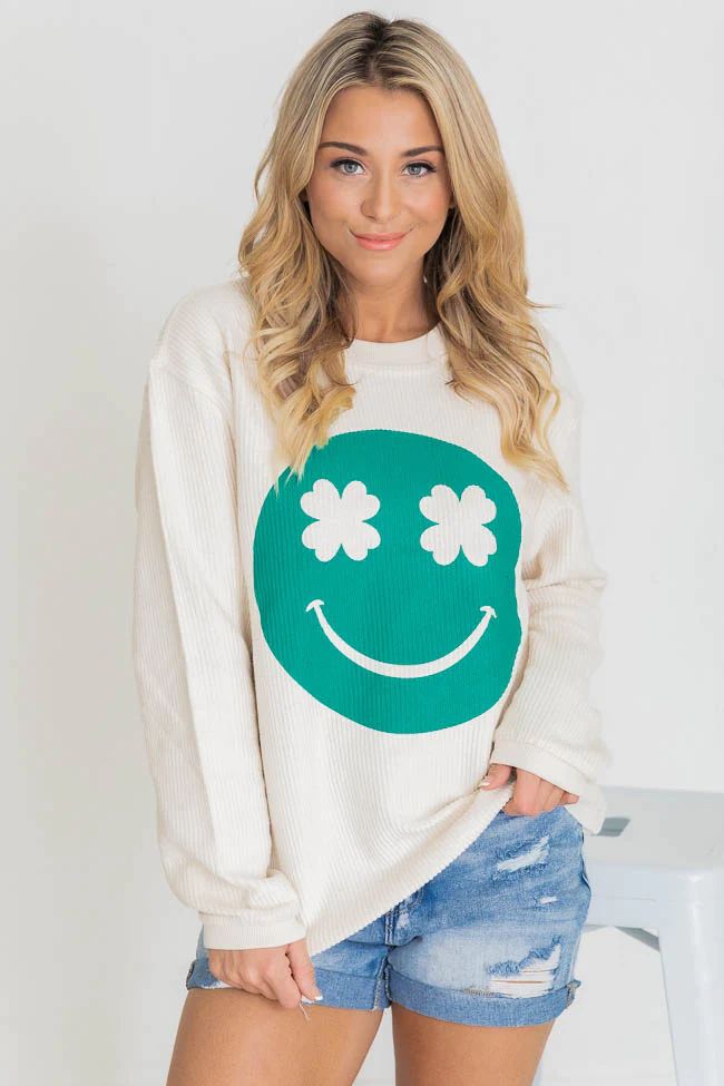 Clover Smiley Ivory Corded Graphic Sweatshirt | The Pink Lily Boutique