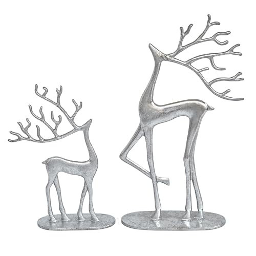 Remenna Silver Foil Reindeer Statues Set of 2 Cast Aluminum Deer Sculpture Accent Figurine,Modern Decorative, Christmas Tabletop Ornaments for Mantel Fireplace Living Room Bedroom Home Decor | Amazon (US)