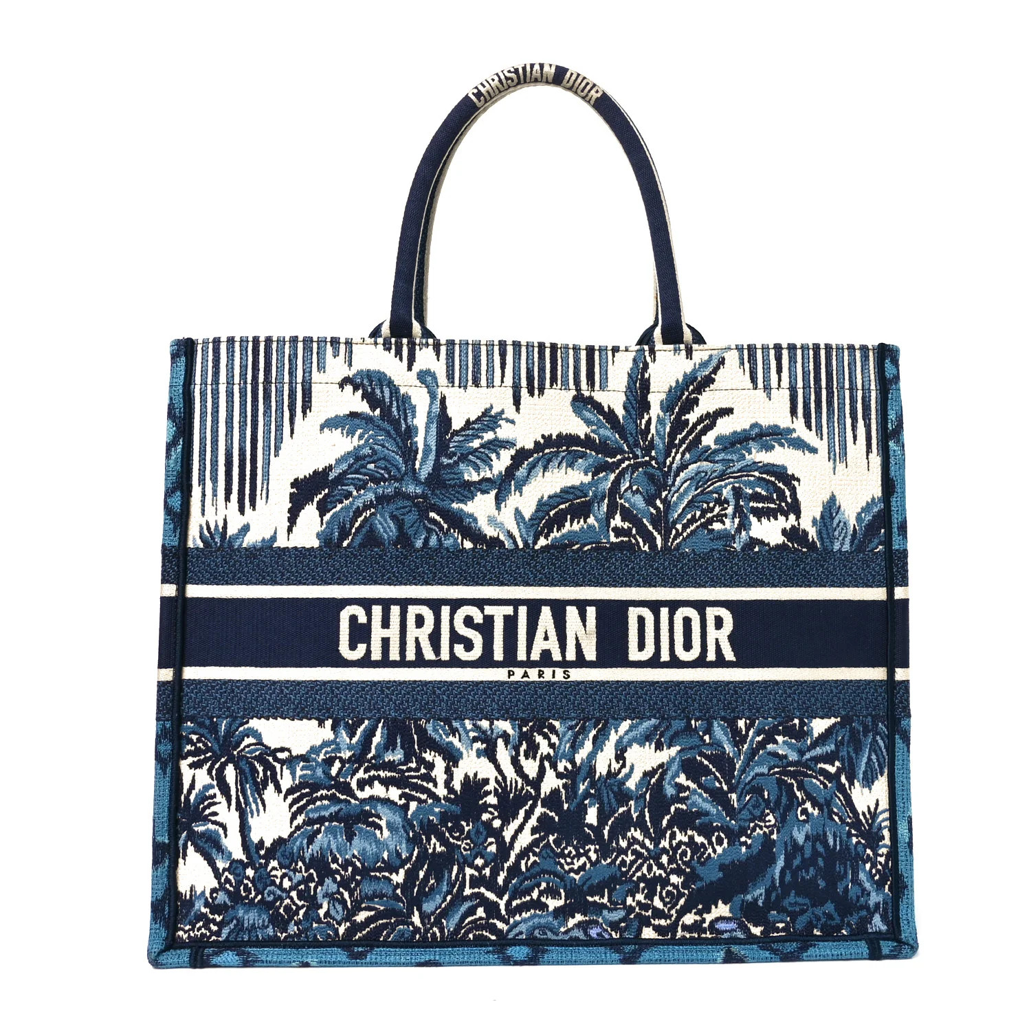 Canvas Embroidered Large Palm Tree Toile De Jouy Book Tote Blue Multicolor | FASHIONPHILE (US)