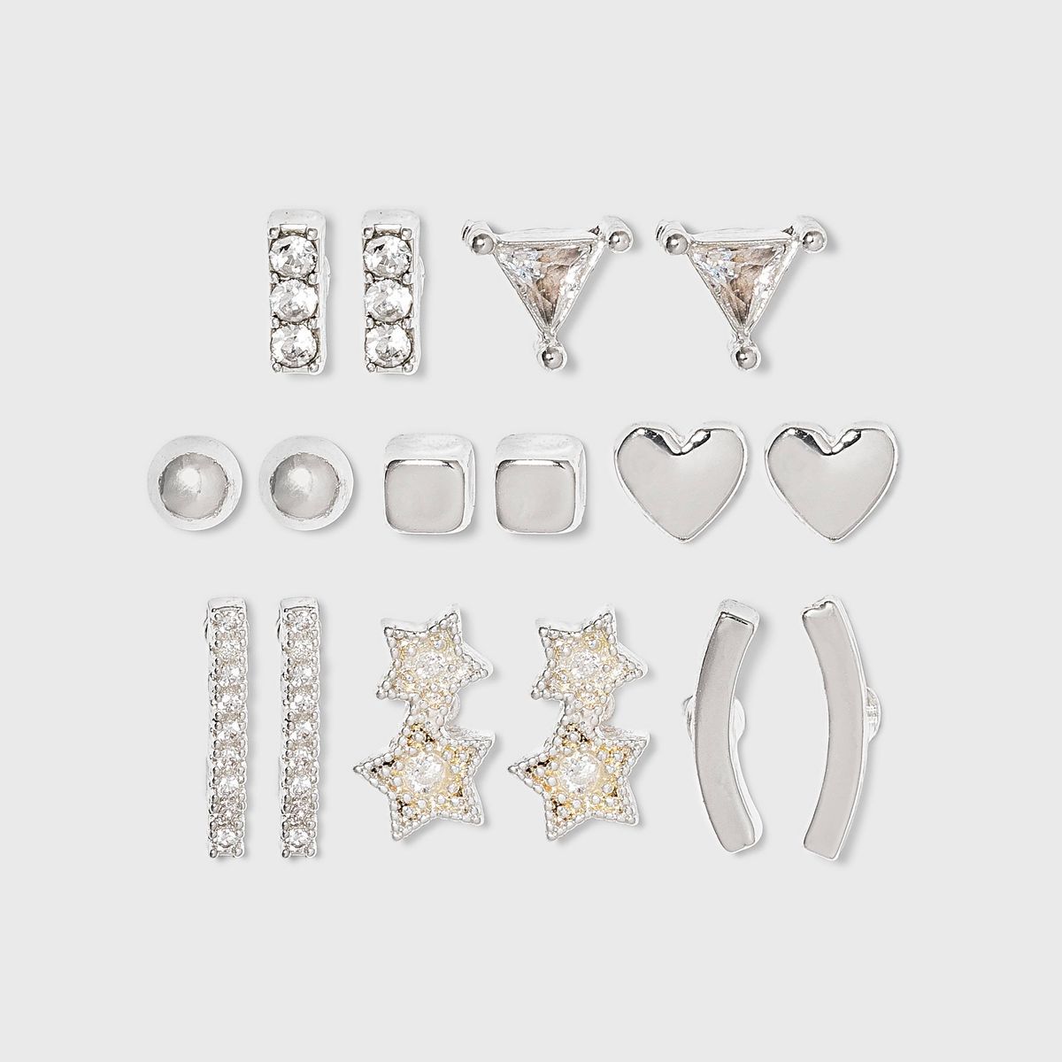 Crystal Star and Heart Stud Earring Set 8pc - A New Day™ Silver | Target